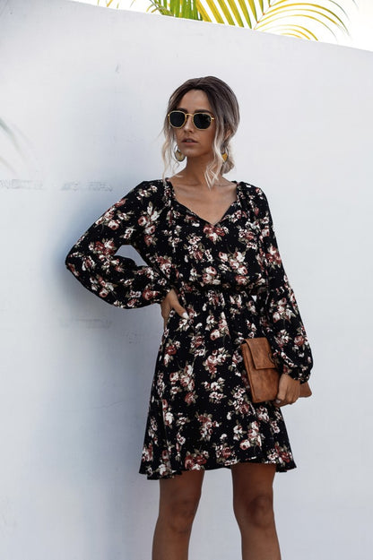 V-neck Lace-up Polka Dot Bubble Lantern Sleeve Flower Dress