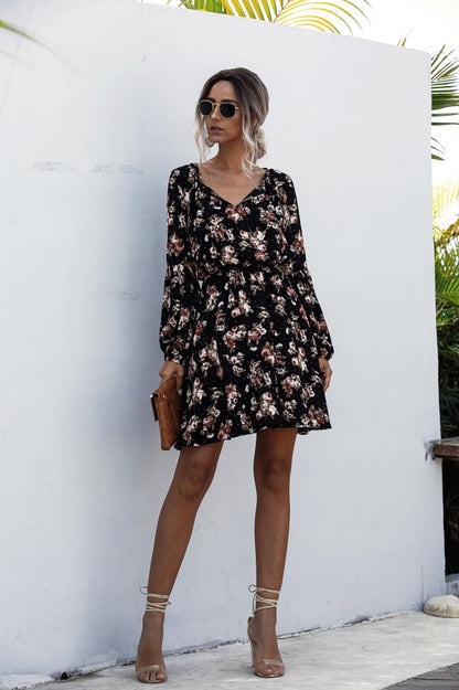V-neck Lace-up Polka Dot Bubble Lantern Sleeve Flower Dress