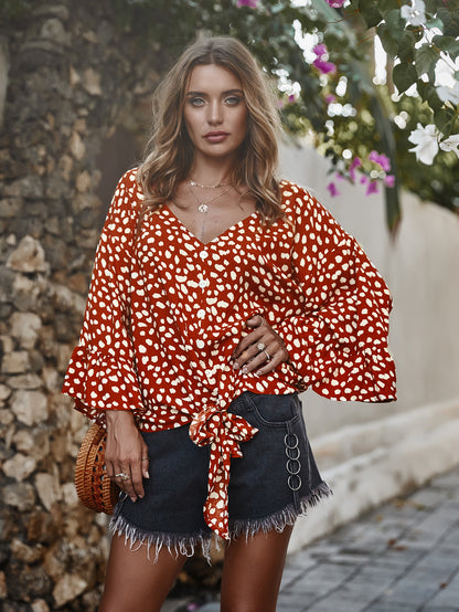 V-neck Printed Floral Tops Lotus Sleeve Polka Dot T-shirt