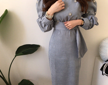 Puff Sleeve Lacing Corduroy Floral Midi Dresses