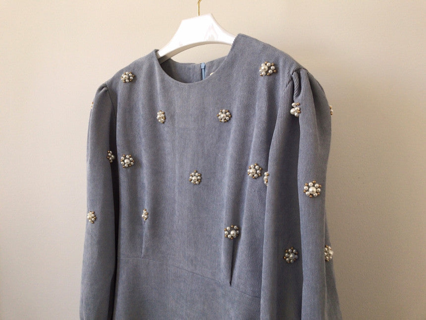 Puff Sleeve Lacing Corduroy Floral Midi Dresses