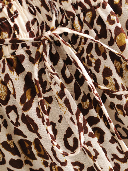 Leopard Print Suspenders Jumpsuit Lace-up Rompers Wide Leg Pants