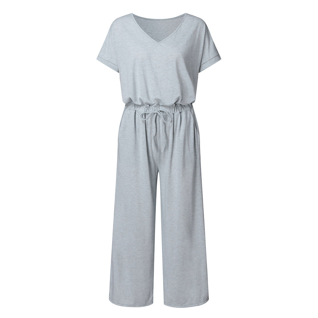 V-neck Elastic Waist Lace-up Jumpsuit Cropped Trousers