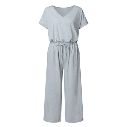 V-neck Elastic Waist Lace-up Jumpsuit Cropped Trousers