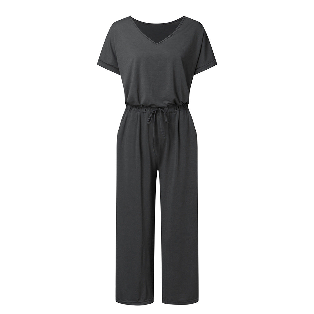 V-neck Elastic Waist Lace-up Jumpsuit Cropped Trousers