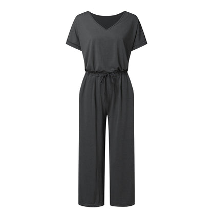 V-neck Elastic Waist Lace-up Jumpsuit Cropped Trousers