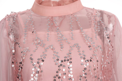 Lantern Sleeve Sparkly Chiffon Lace Sequin Shirt Tops