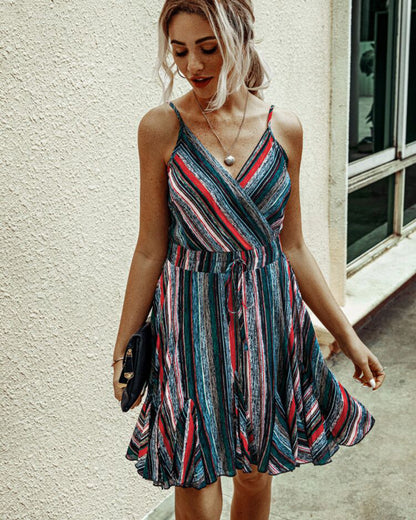 Backless V-neck Halter Mini Dress Colorful Stripe Casual Dress