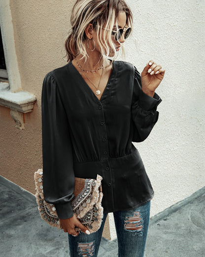Single-breasted V-neck Long Sleeve Shirt