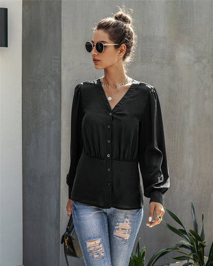 Single-breasted V-neck Long Sleeve Shirt