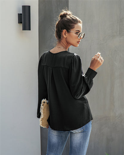 Single-breasted V-neck Long Sleeve Shirt