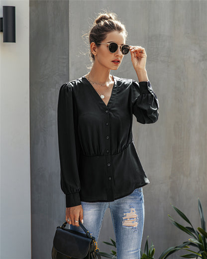 Single-breasted V-neck Long Sleeve Shirt