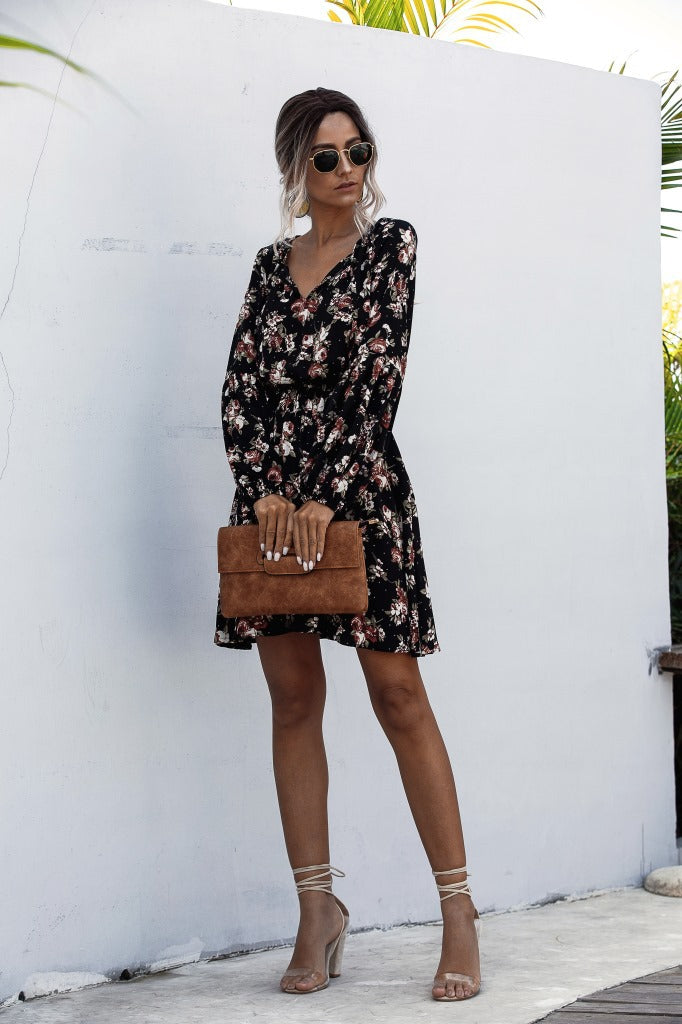 V-neck Lace-up Polka Dot Bubble Lantern Sleeve Flower Dress