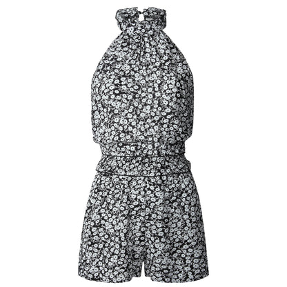 Womens Off Shoulder Halter Strapless Floral Print Jumpsuit Rompers