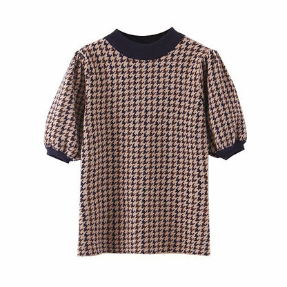 Houndstooth Lantern Sleeve Knitting Half High Collar Sweater