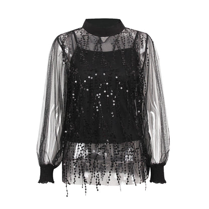 Lantern Sleeve Sparkly Chiffon Lace Sequin Shirt Tops