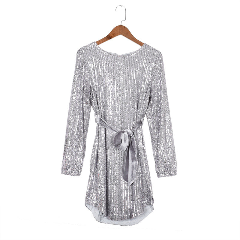Round Collar Lantern Sleeve Sequin Puff Sleeve Mini Dresses White