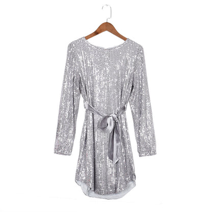 Round Collar Lantern Sleeve Sequin Puff Sleeve Mini Dresses Silver