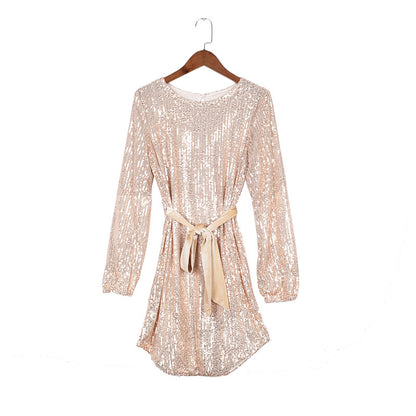 Round Collar Lantern Sleeve Sequin Puff Sleeve Mini Dresses