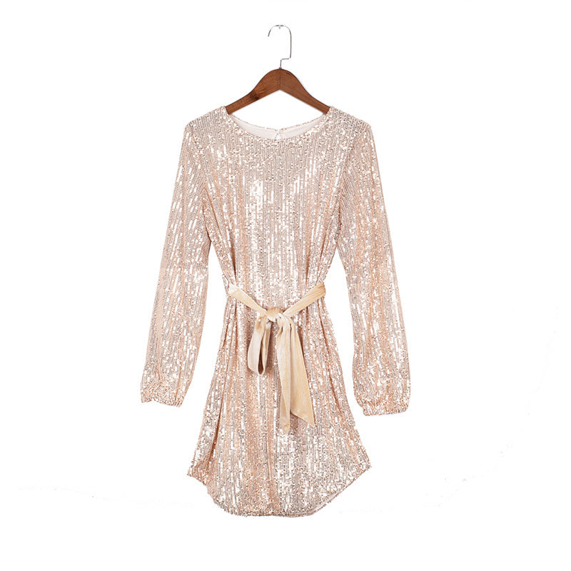 Round Collar Lantern Sleeve Sequin Puff Sleeve Mini Dresses Silver