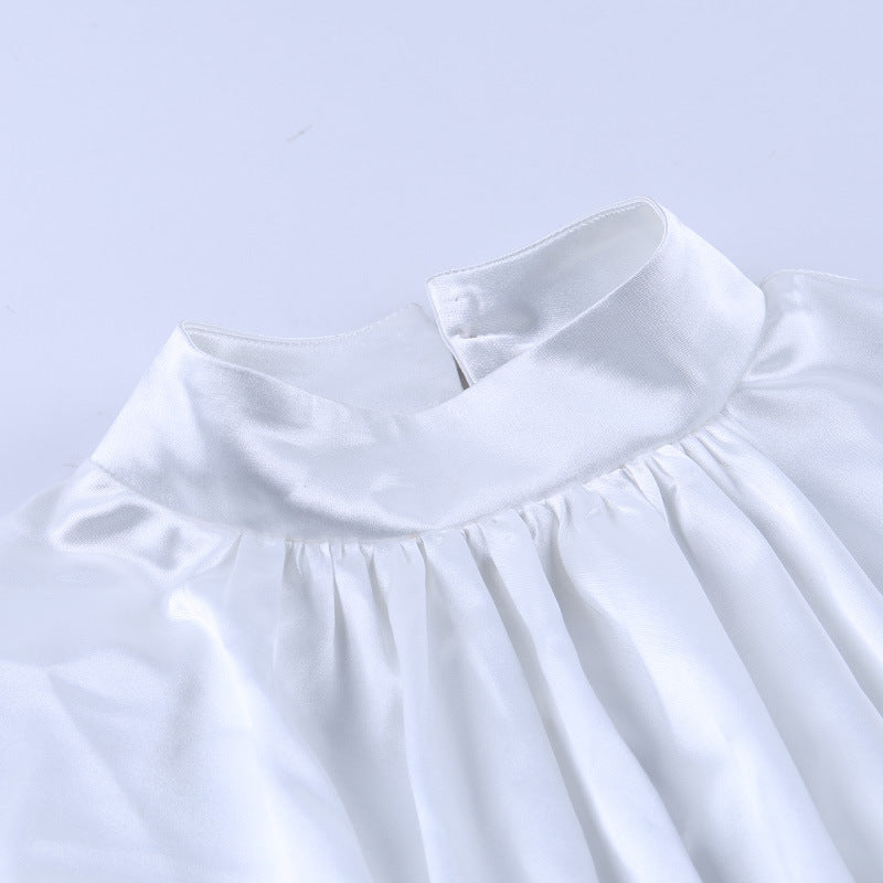 Flared Sleeve Satin Short Tops High Collar