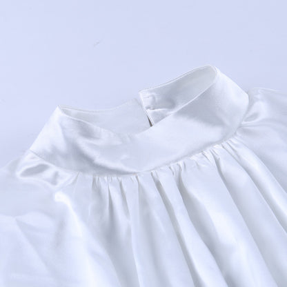 Flared Sleeve Satin Short Tops High Collar