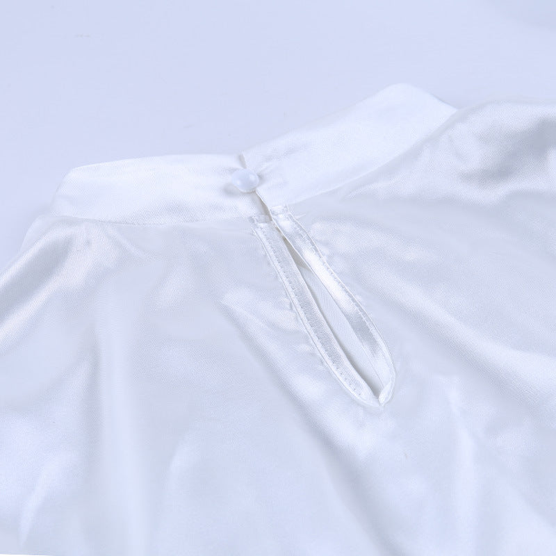 Flared Sleeve Satin Short Tops High Collar