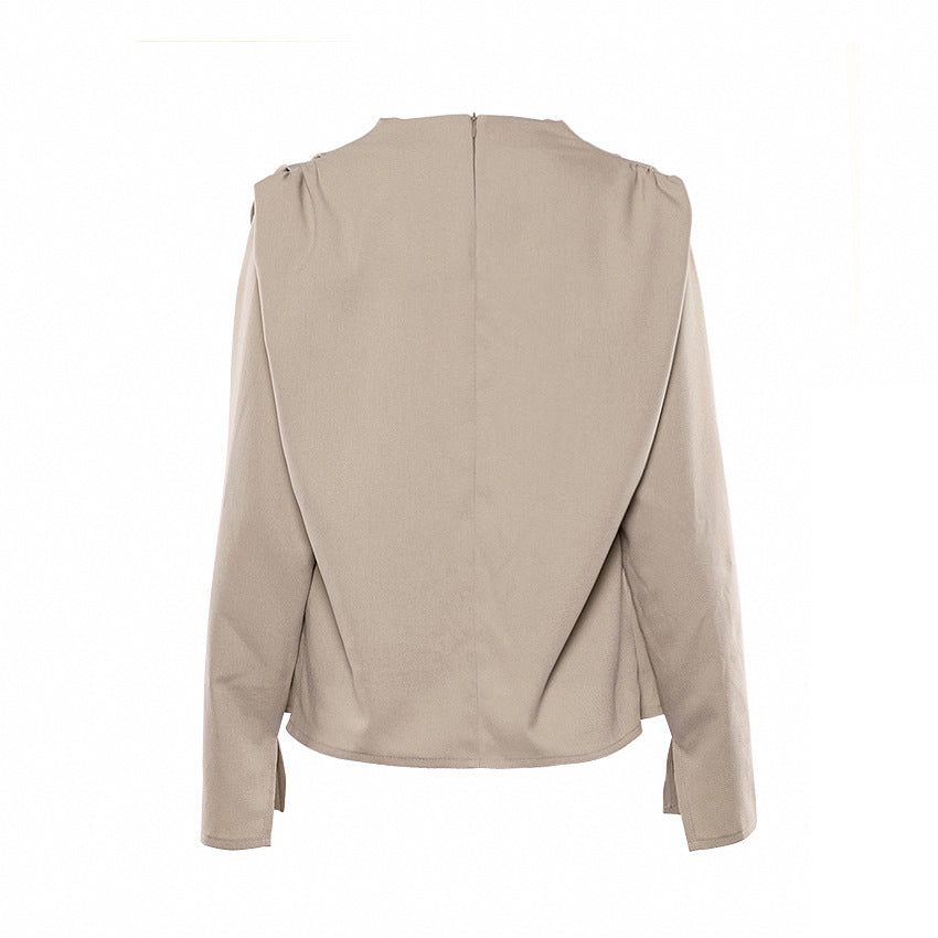 A High Collar Khaki Blouse Long Sleeve