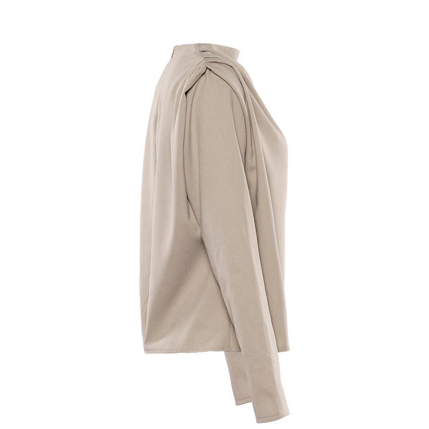 A High Collar Khaki Blouse Long Sleeve