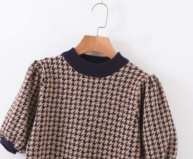 Houndstooth Lantern Sleeve Knitting Half High Collar Sweater