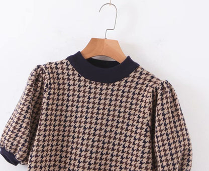 Houndstooth Lantern Sleeve Knitting Half High Collar Sweater