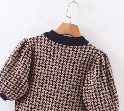 Houndstooth Lantern Sleeve Knitting Half High Collar Sweater