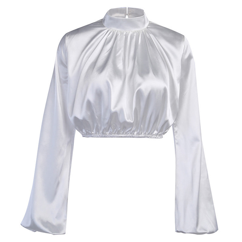 Flared Sleeve Satin Short Tops High Collar