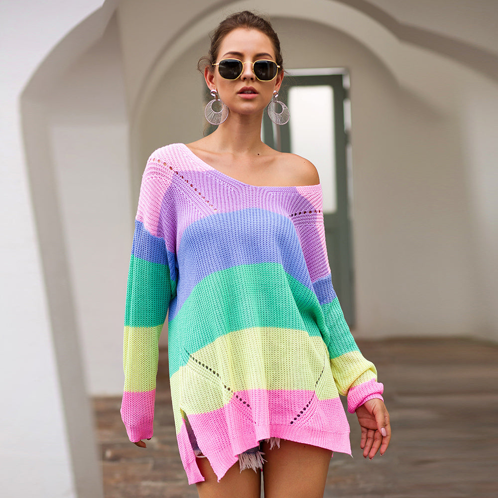 Women‘s Loose V-neck Rainbow Stripes Long Sweater
