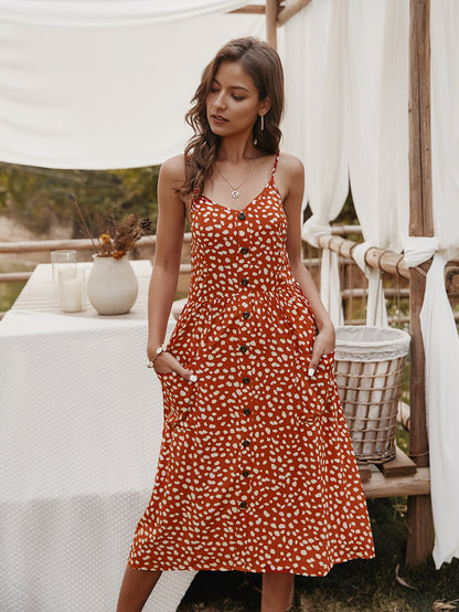 V-neck Suspenders Single-breasted Printed Maxi Dress