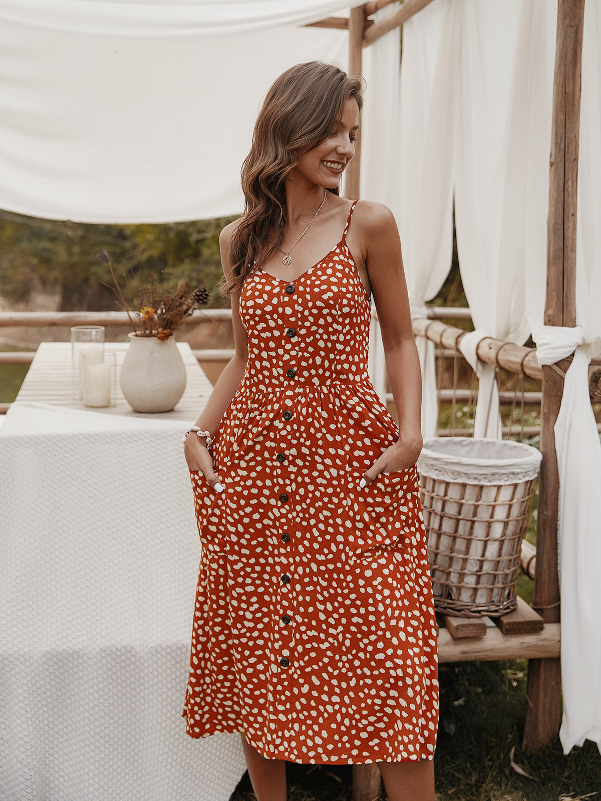 V-neck Suspenders Single-breasted Printed Maxi Dress