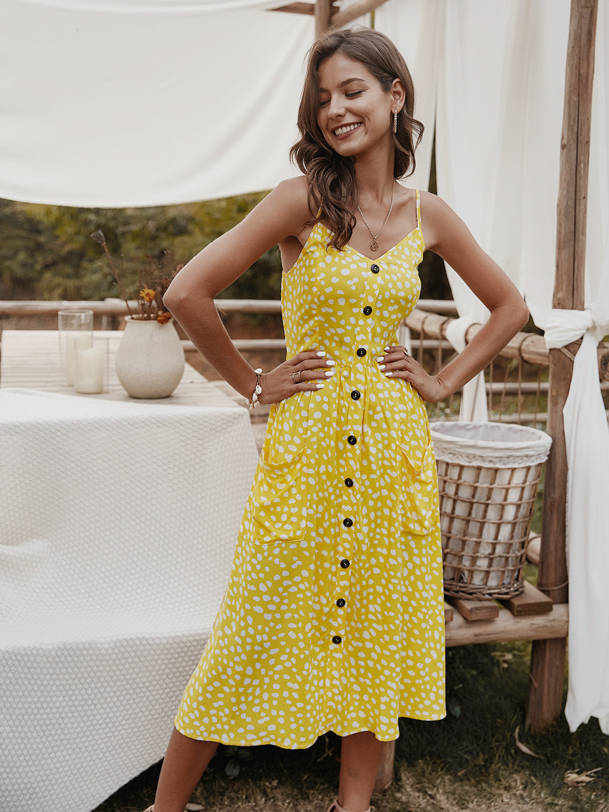V-neck Suspenders Single-breasted Printed Maxi Dress