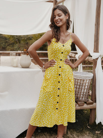 V-neck Suspenders Single-breasted Printed Maxi Dress