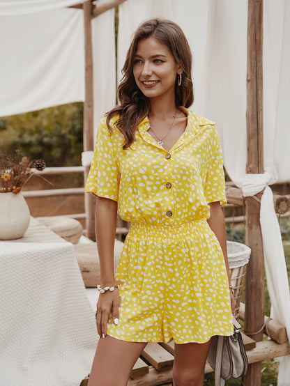 V-neck Single-breasted Printed Jumpsuit Short Sleeve Rompers
