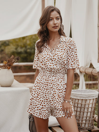 V-neck Single-breasted Printed Jumpsuit Short Sleeve Rompers