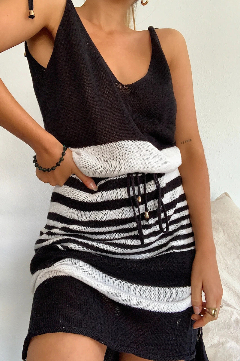Backless V-neck Lace-up Knitted Crochet Sweater Dress Plus Size