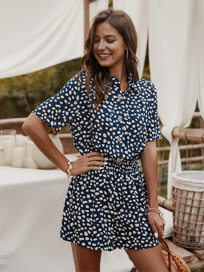V-neck Single-breasted Printed Jumpsuit Short Sleeve Rompers