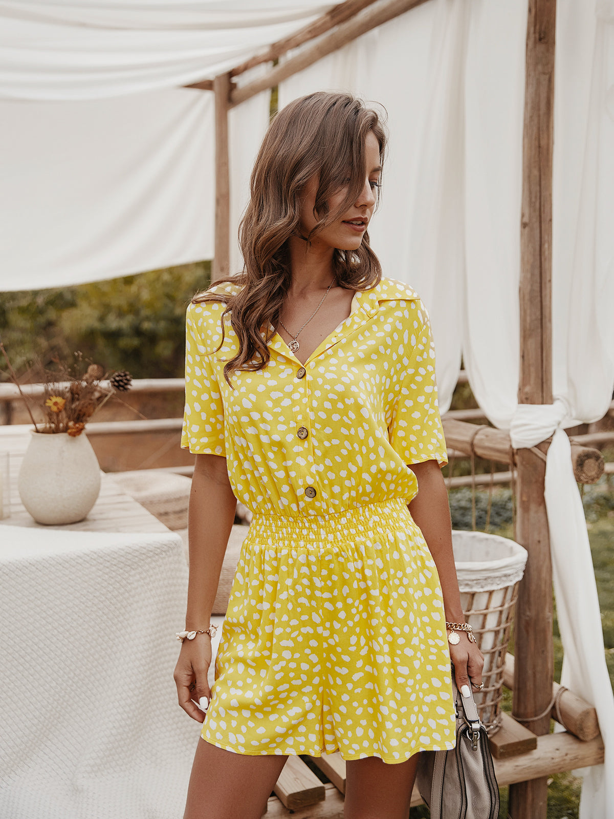V-neck Single-breasted Printed Jumpsuit Short Sleeve Rompers