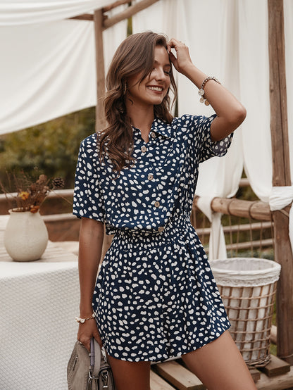 V-neck Single-breasted Printed Jumpsuit Short Sleeve Rompers