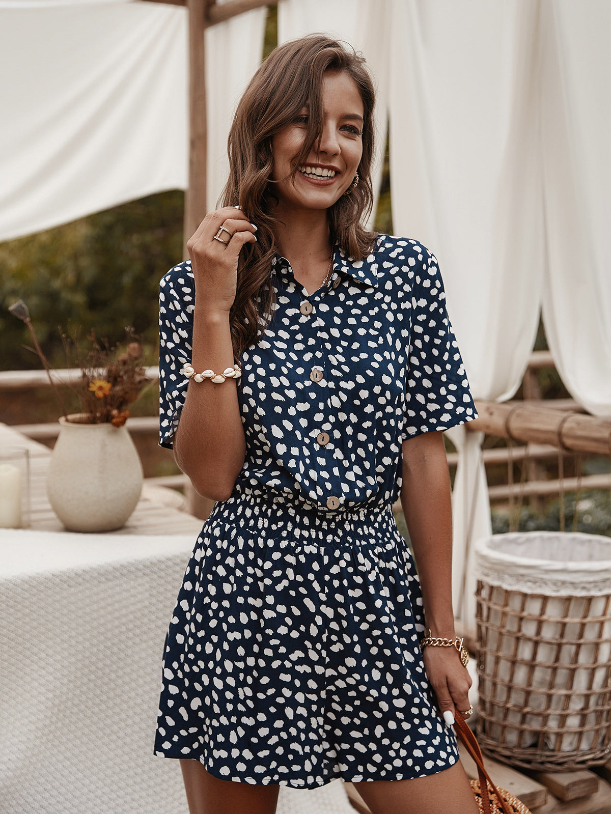 V-neck Single-breasted Printed Jumpsuit Short Sleeve Rompers
