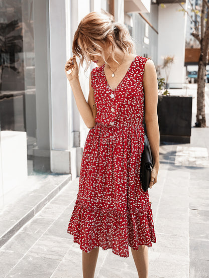 V-neck Button Floral Midi Maxi Dresses