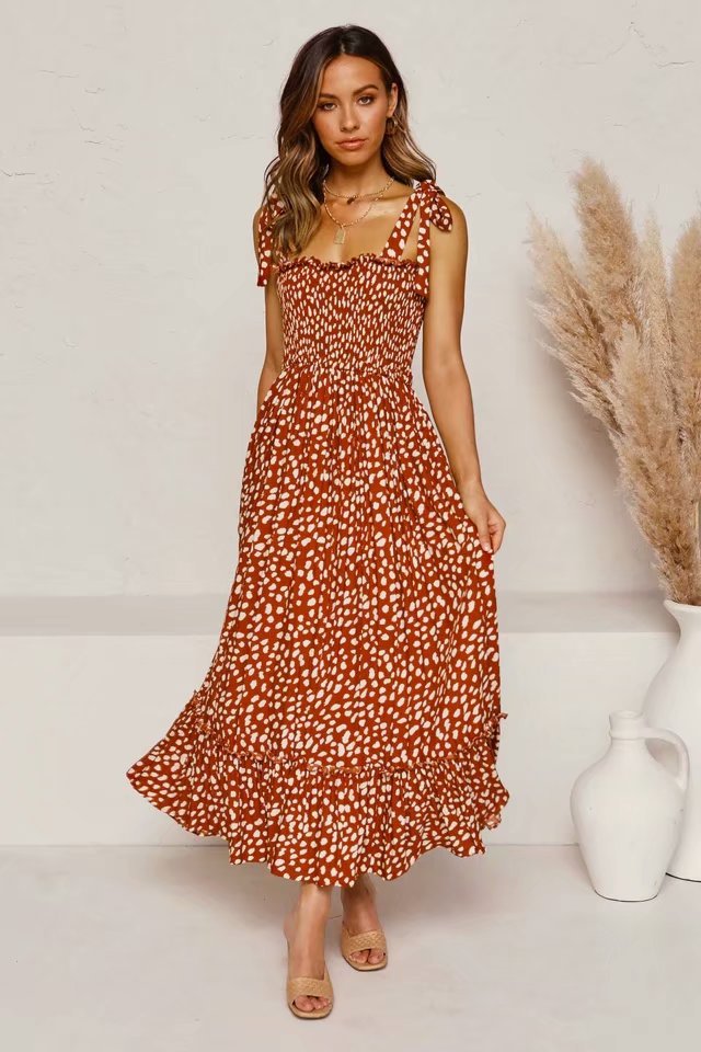 Polka Dot Lace-up Floral Backless Strappy Maxi Midi Dresses