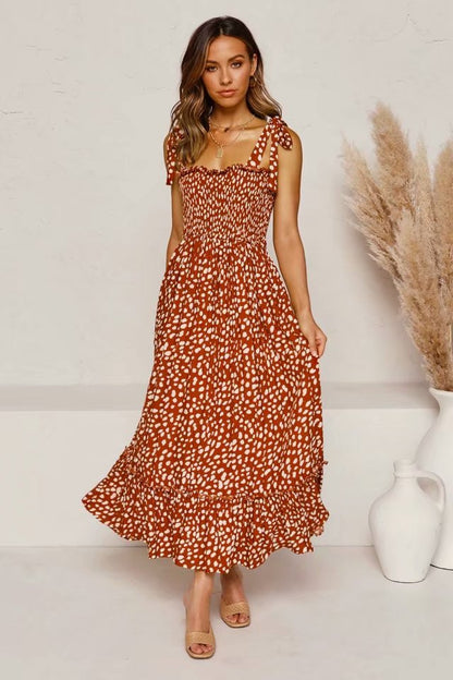 Polka Dot Lace-up Floral Backless Strappy Maxi Midi Dresses