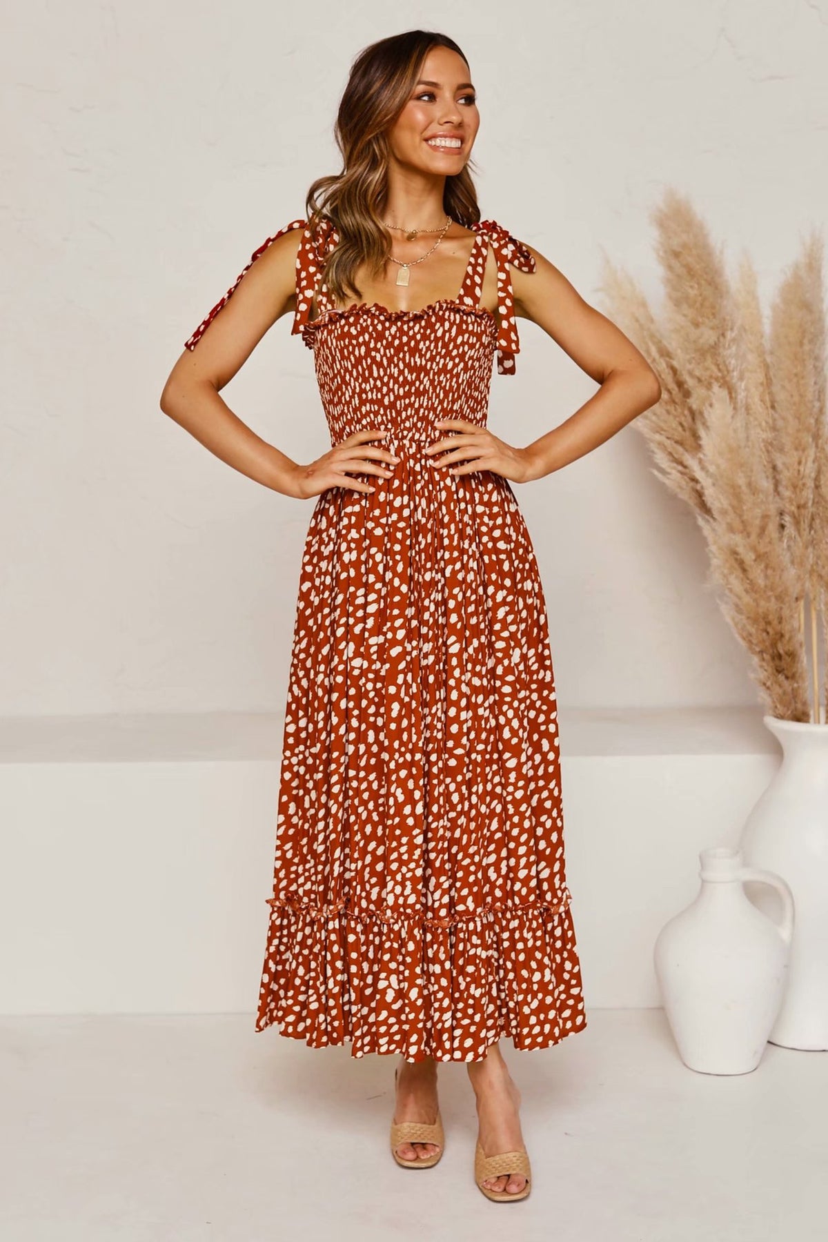 Polka Dot Lace-up Floral Backless Strappy Maxi Midi Dresses