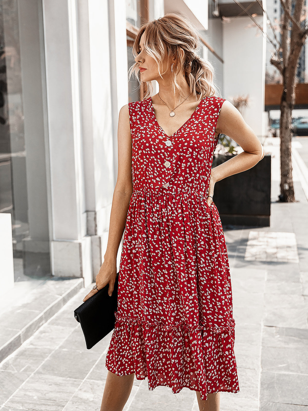 V-neck Button Floral Midi Maxi Dresses